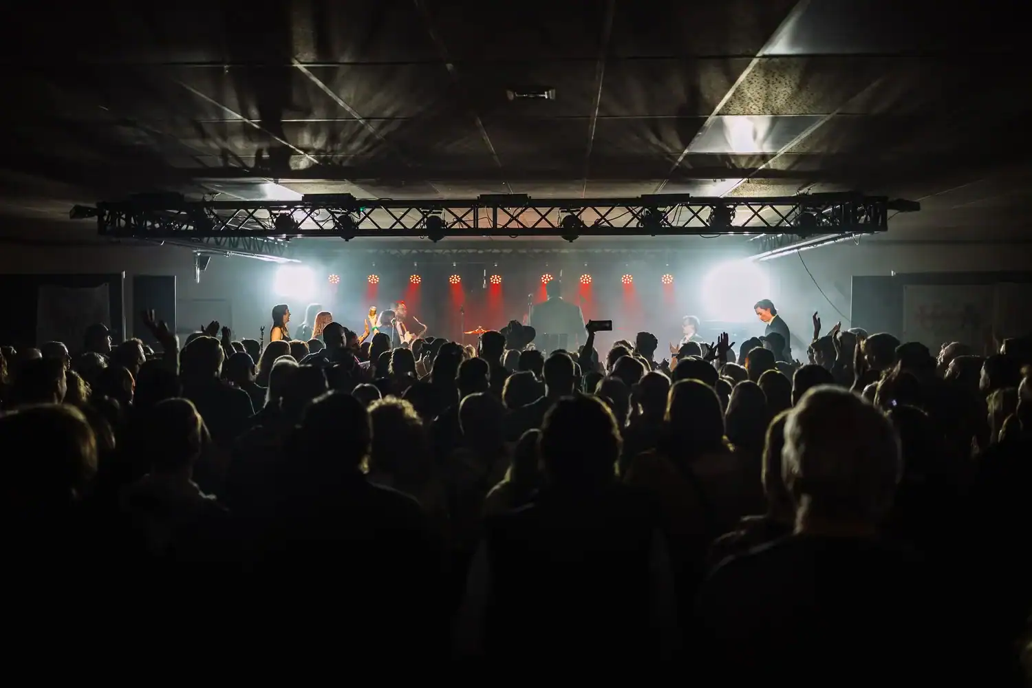 A lively crowd enjoys a live band with dramatic lighting, featuring a top wedding DJ in Minnesota.