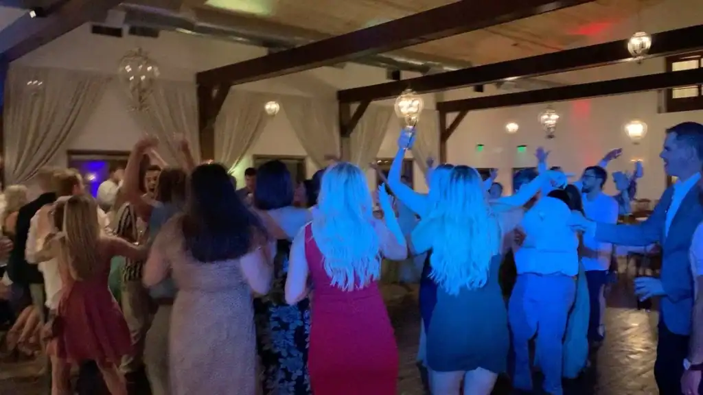 Guests in formal attire dance joyfully as a wedding DJ in Minnesota energizes the warmly lit event hall.