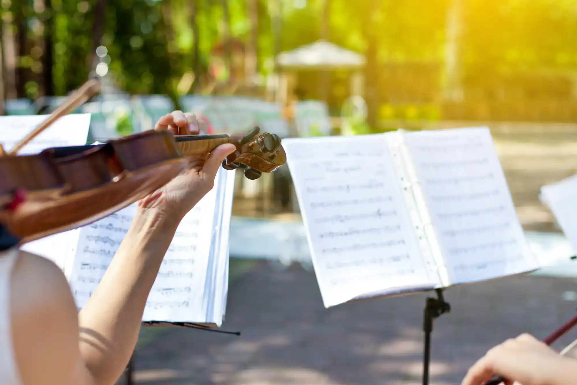 A person plays violin outdoors, ideal for a wedding entertainment company in Minnesota or Wisconsin.